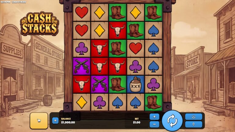 Cash Stacks gameplay showing a tall reel grid and bonus symbols