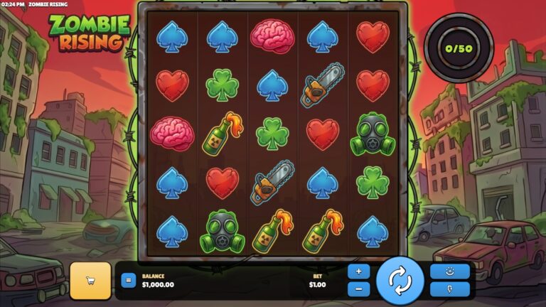 Zombie Rising slot gameplay showing the active reels and symbols