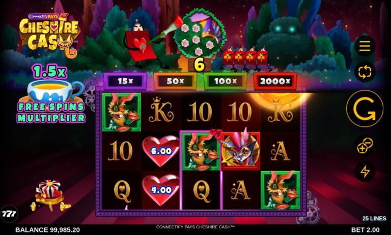 Connectify Pays Cheshire Cash slot gameplay with forest symbols and prize reels