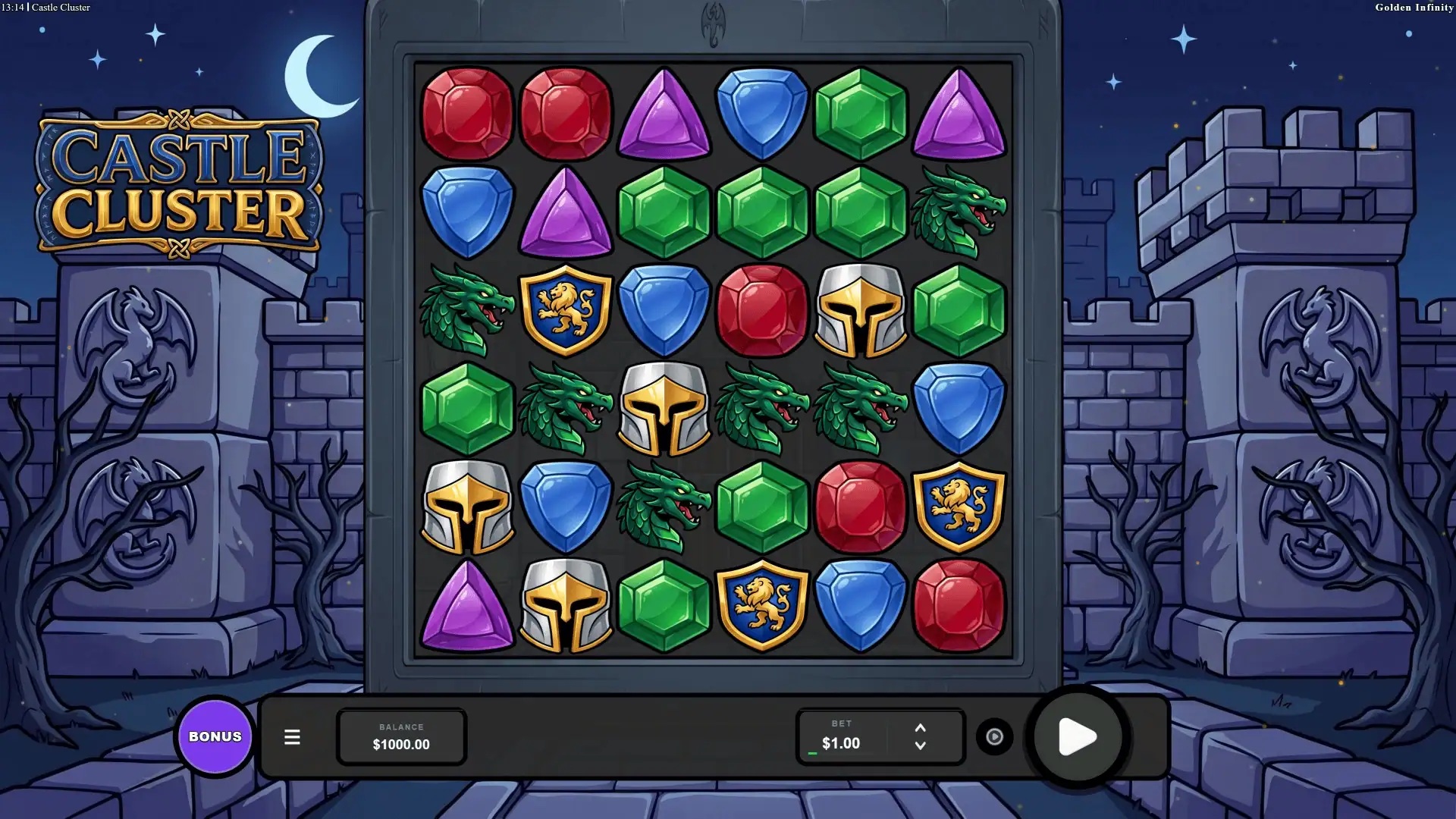 Castle Cluster slot gameplay with symbols on a 6x6 board