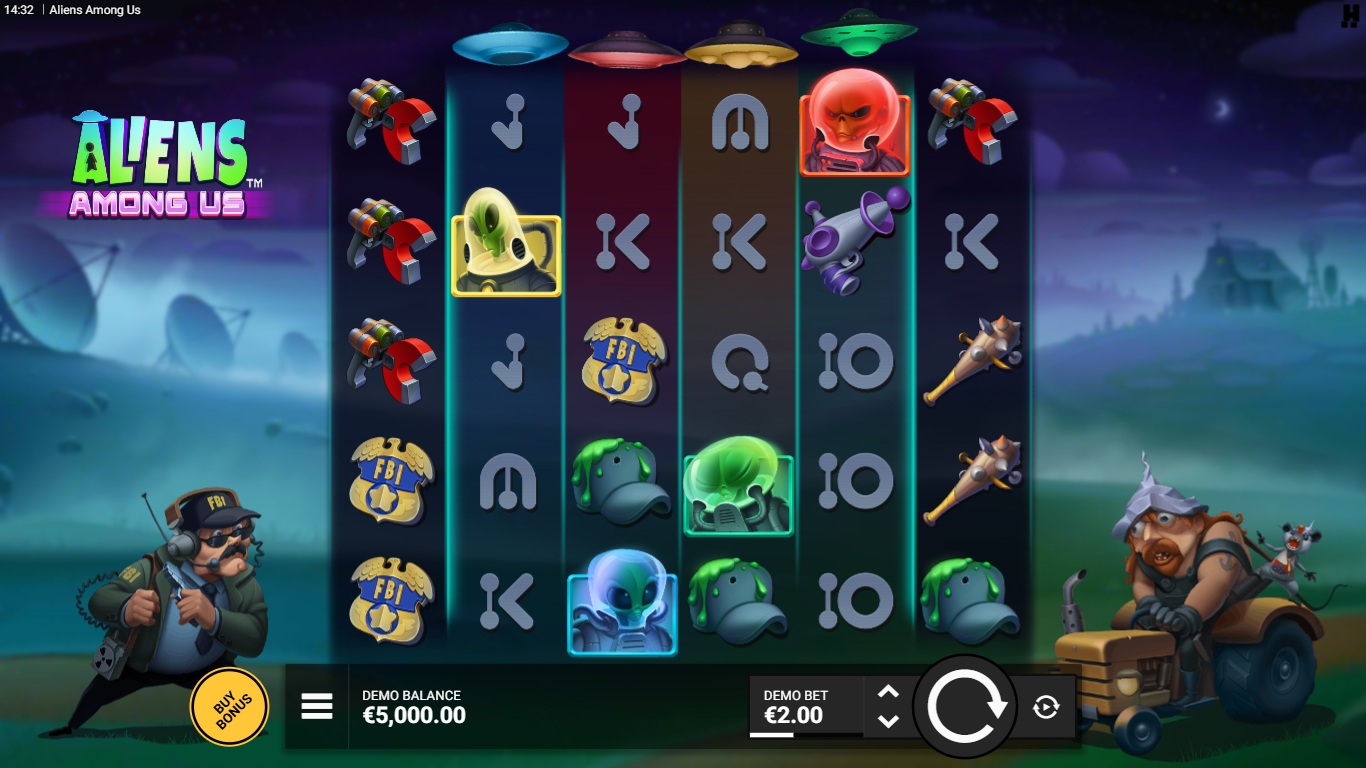 Aliens Among Us slot gameplay showing the active reels and symbols