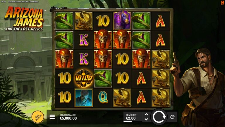 Arizona James and the Lost Relics slot gameplay showing the active reels and symbols