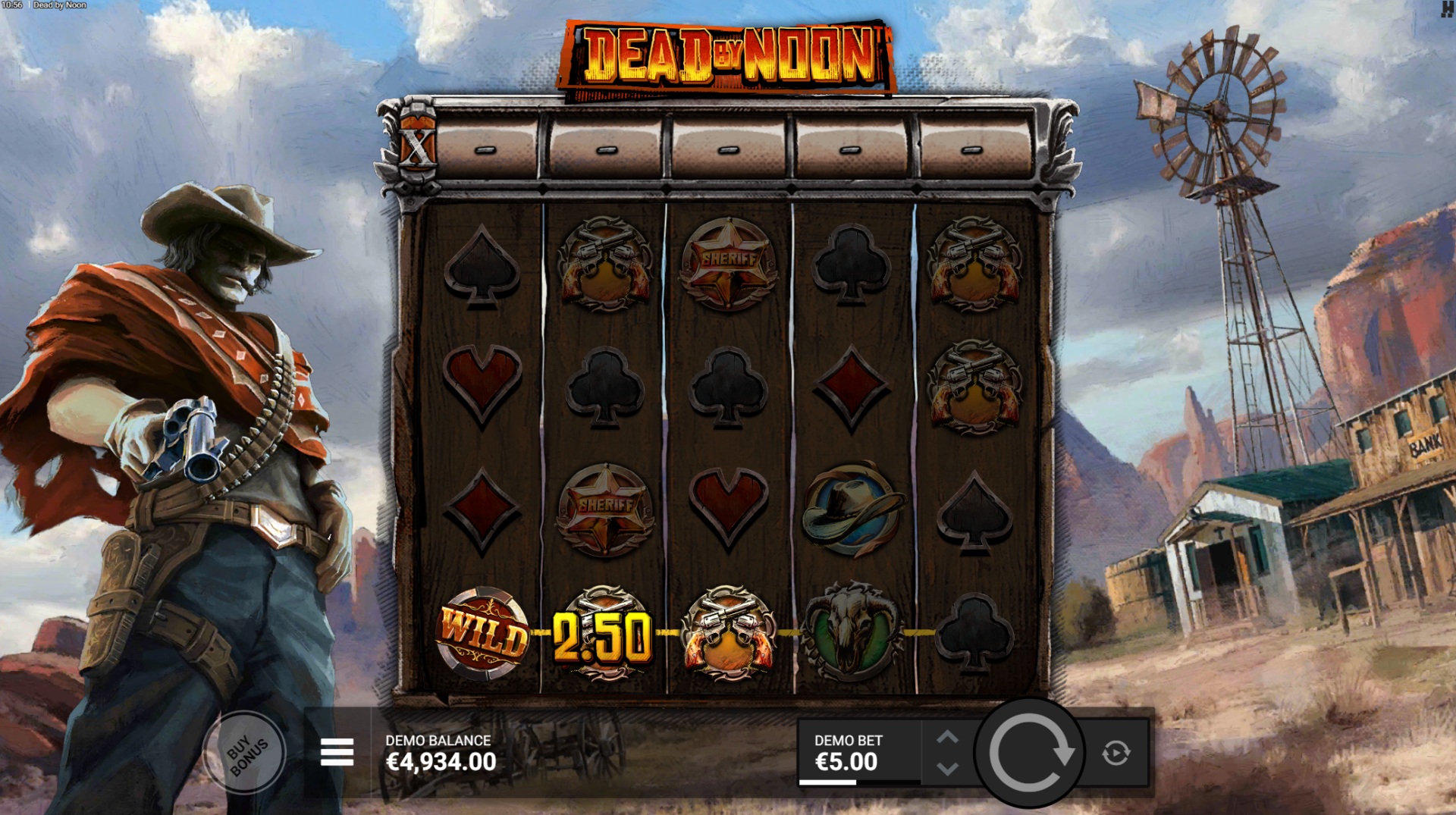 Dead by Noon slot gameplay showing Western symbols and multiplier chambers