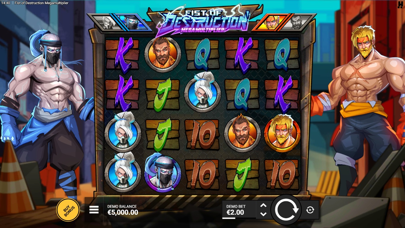 Fist of Destruction Megamultiplier slot gameplay showing the active reels and symbols