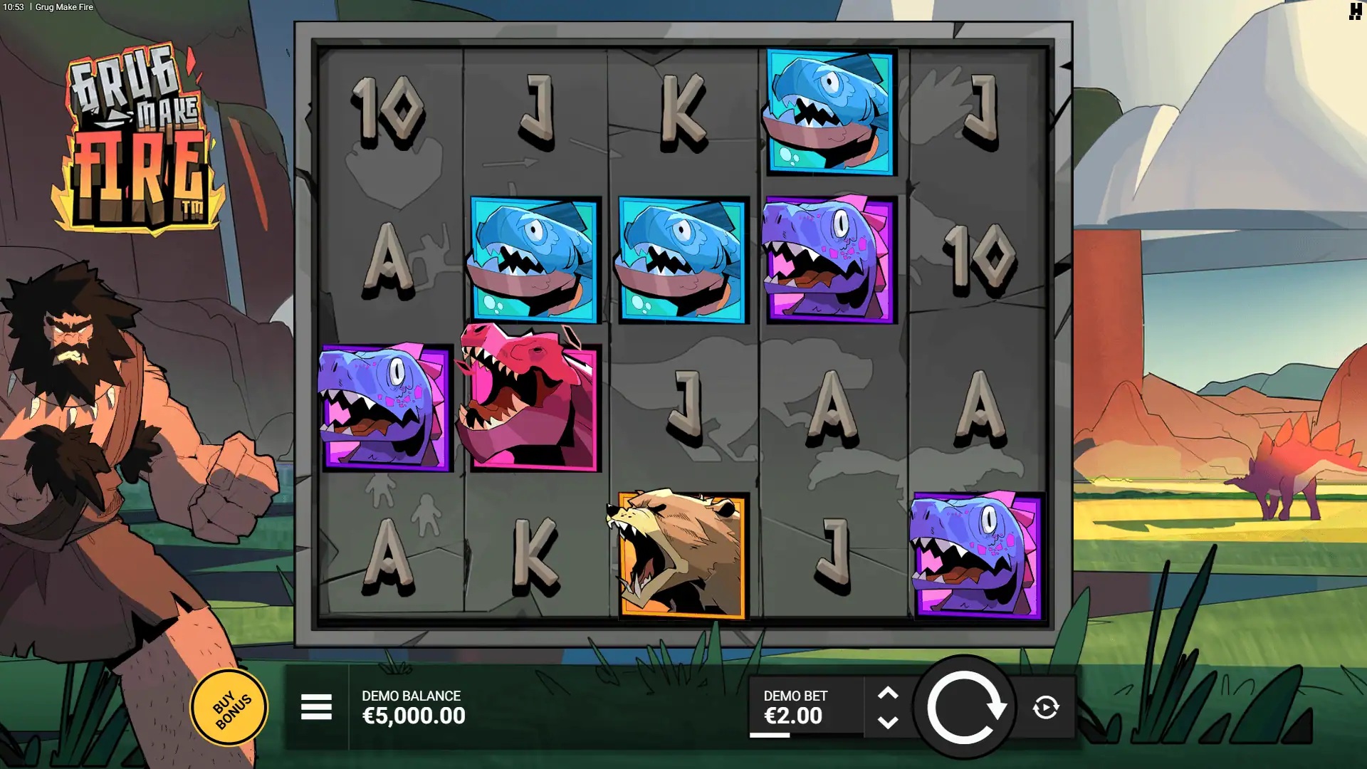 Grug Make Fire slot gameplay with symbols on a 5x3 board