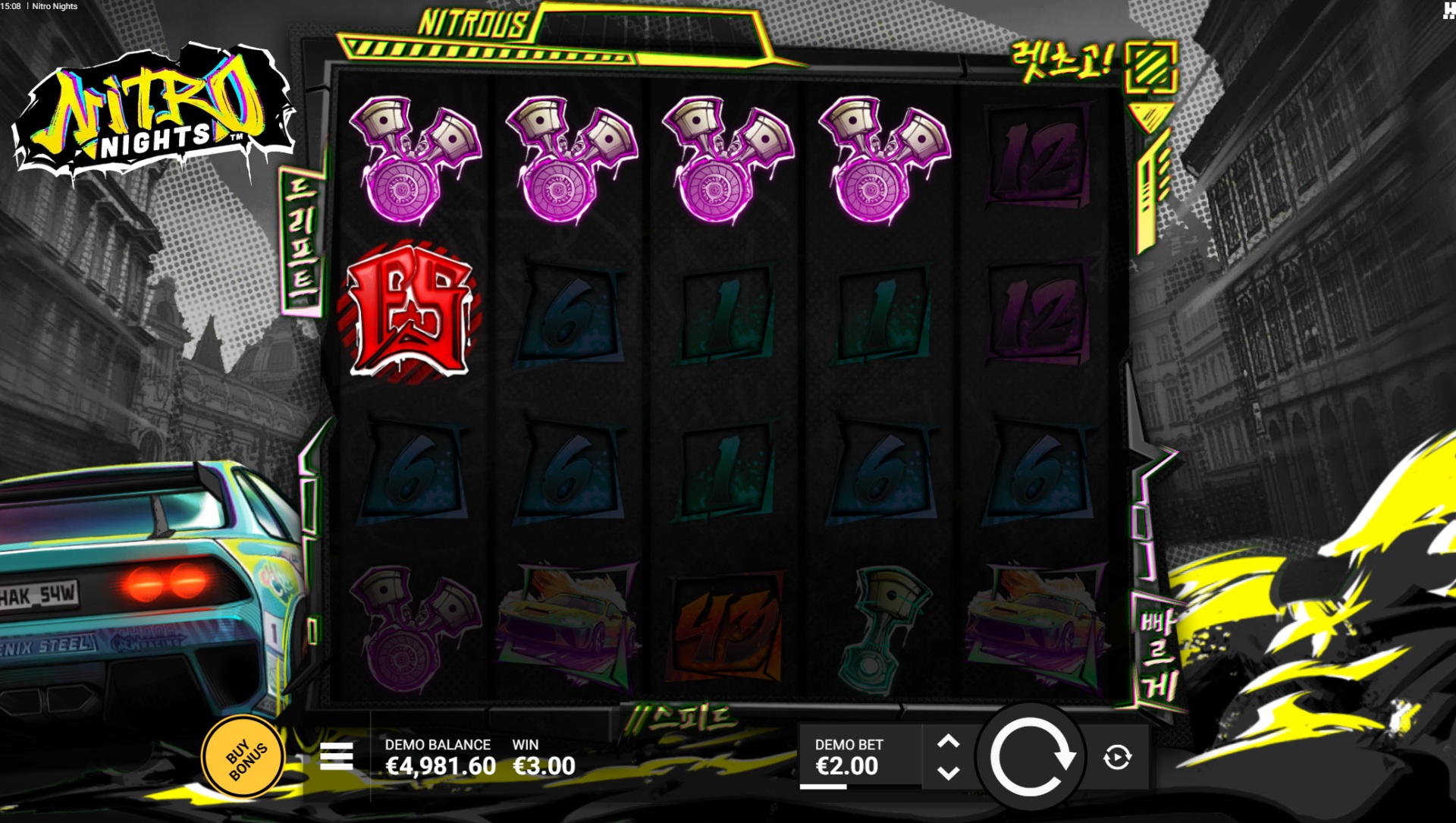 Nitro Nights slot gameplay with neon racing symbols on five reels
