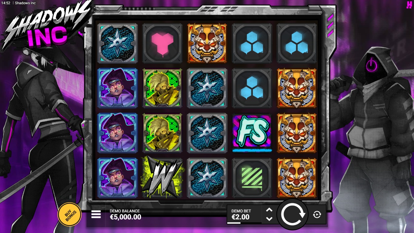 Shadows Inc slot gameplay showing the reels and symbols