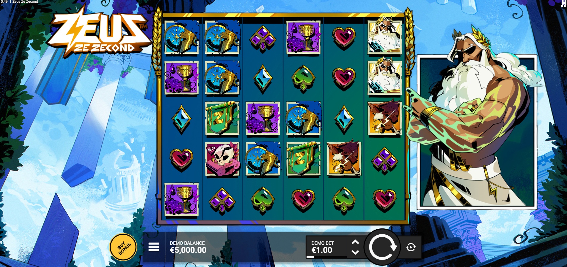Zeus Ze Zecond slot gameplay showing Wonder symbols on six reels