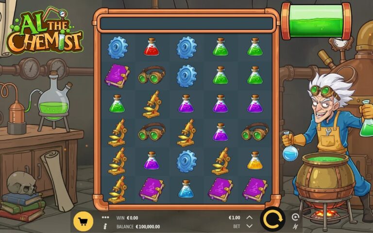 Al the Chemist slot gameplay with colorful ingredients on a tall grid