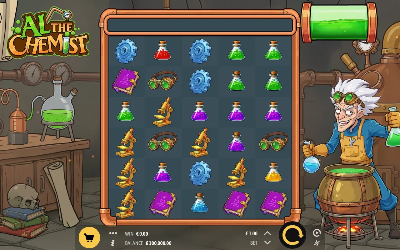 Al the Chemist slot gameplay with colorful ingredients on a tall grid
