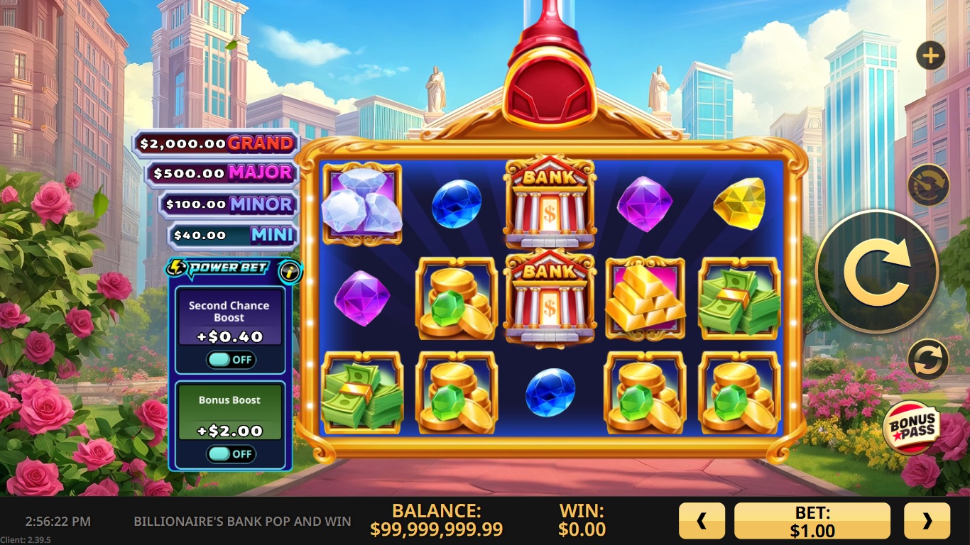 Billionaire's Bank Pop and Win slot gameplay showing the reels and symbols