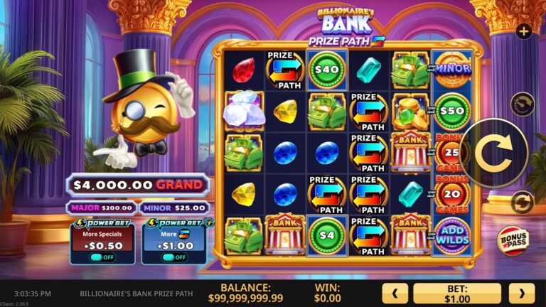 Billionaire's Bank Prize Path slot gameplay showing the reels and symbols