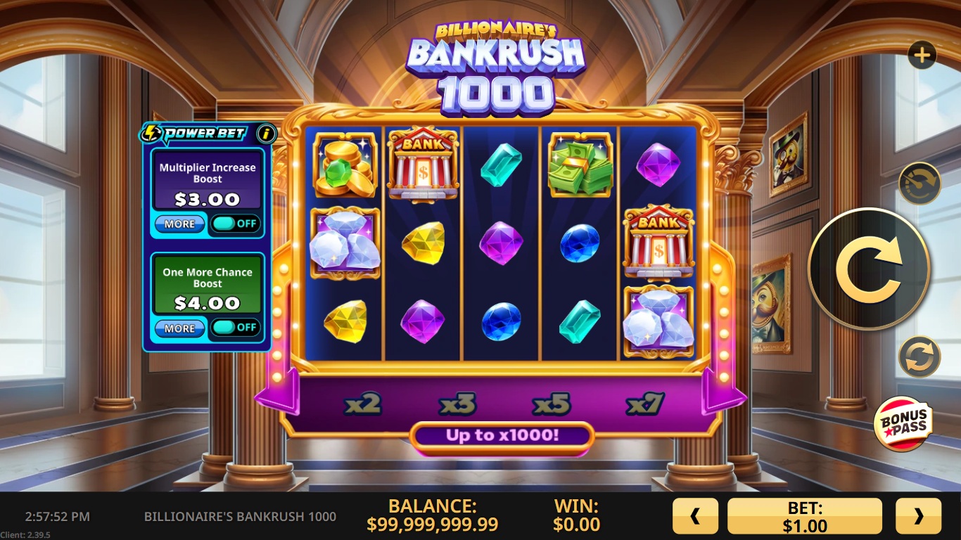 Billionaire's Bankrush 1000 slot gameplay showing the reels and symbols