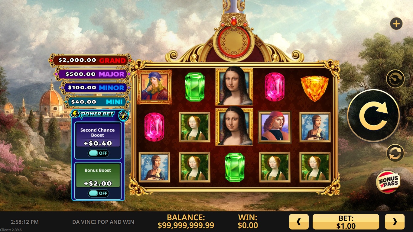 Da Vinci Pop and Win slot gameplay with five reels and Renaissance symbols