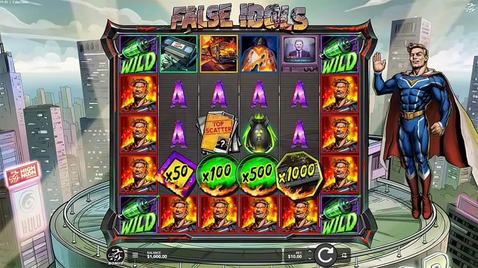 False Idols slot gameplay with symbols on a 6x5 board
