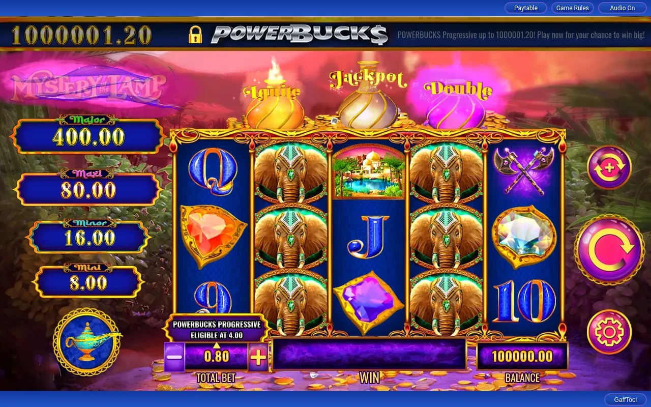 Mystery of the Lamp Treasure Oasis slot gameplay with lamp symbols and reels