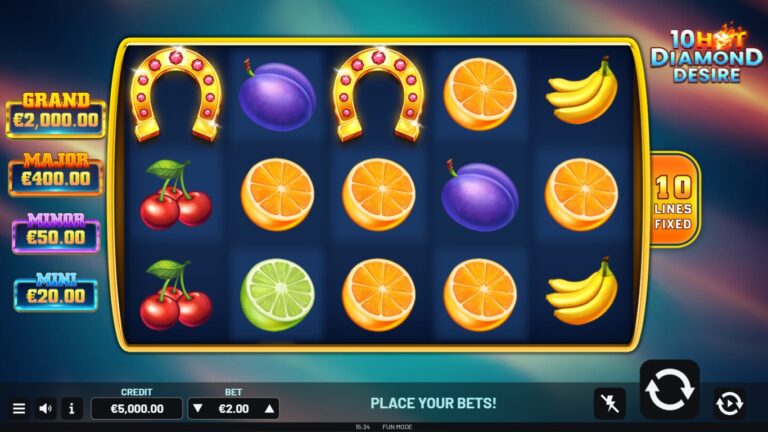10 hot diamond desire slot gameplay with visible reels and symbols
