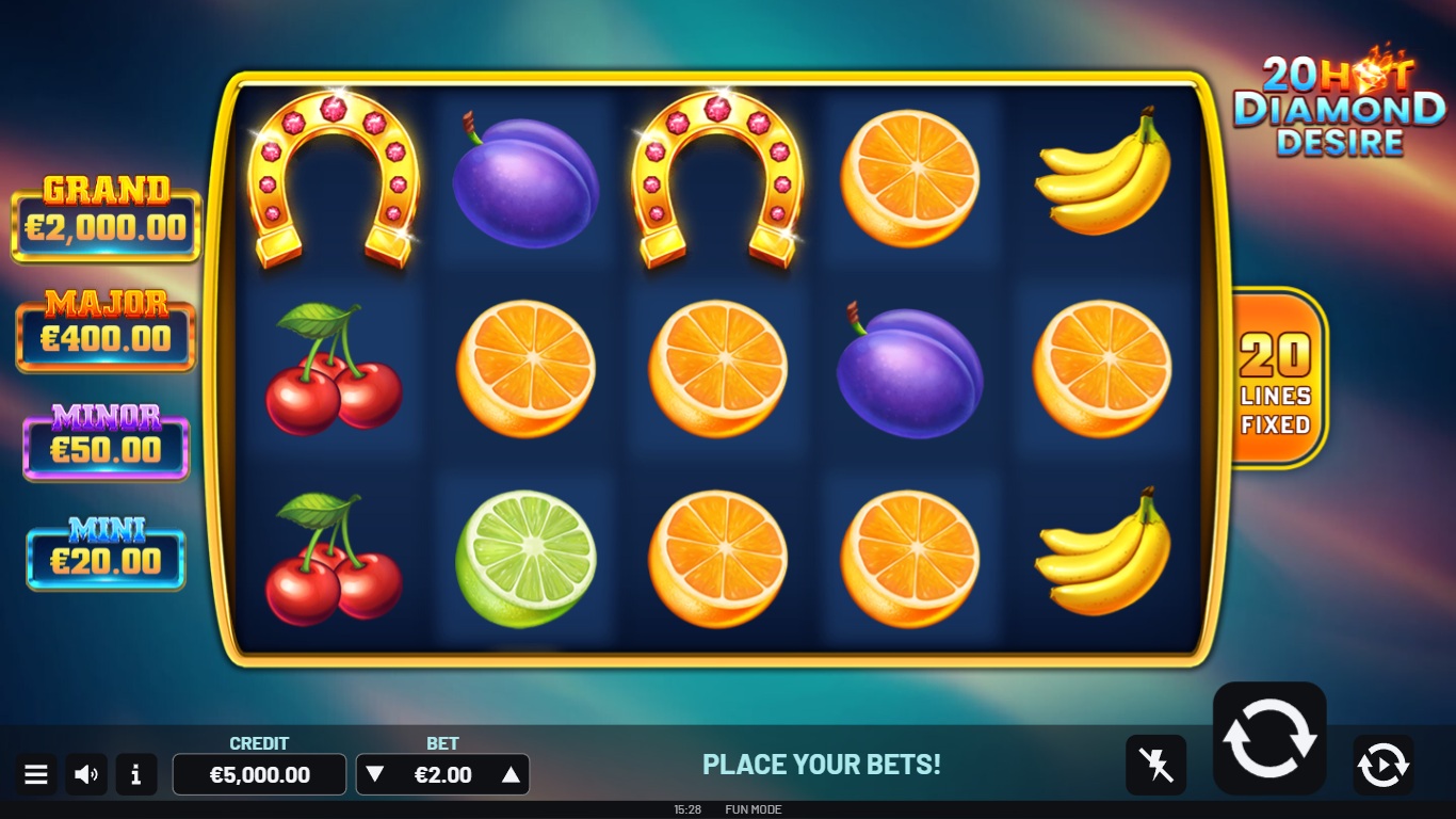 20 hot diamond desire slot gameplay with visible reels and symbols