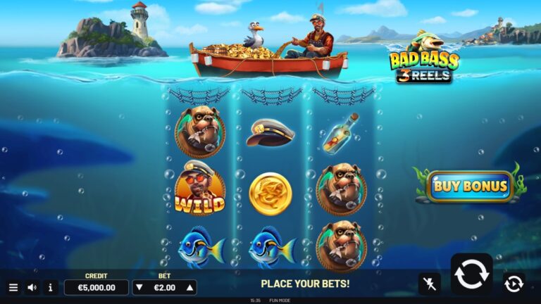 bad bass 3 reels slot gameplay with visible reels and symbols