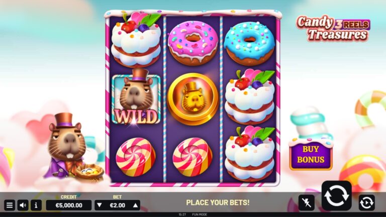 candy treasures 3 reels slot gameplay with visible reels and symbols