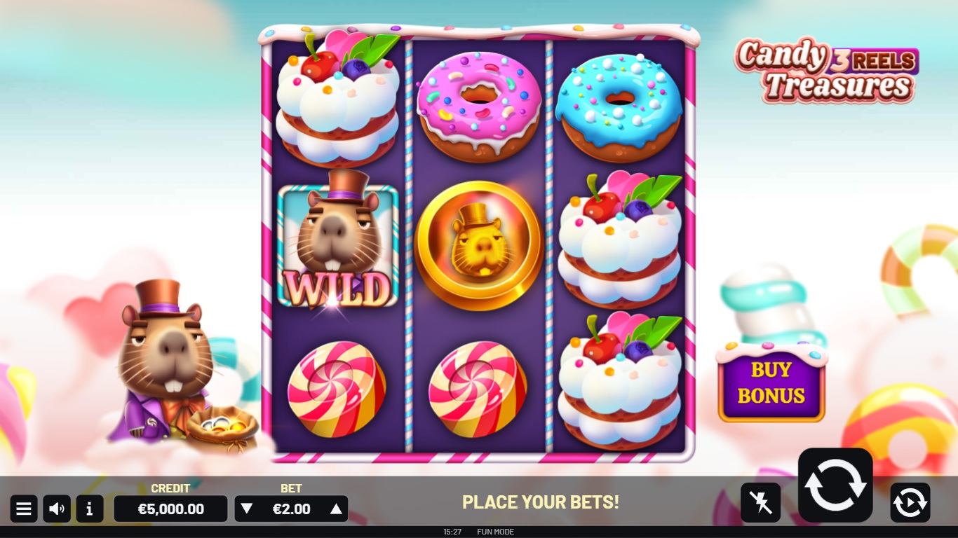 candy treasures 3 reels slot gameplay with visible reels and symbols