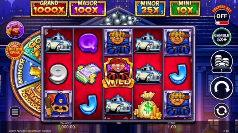 cops n robbers smash n grab slot gameplay showing the active reels and symbols