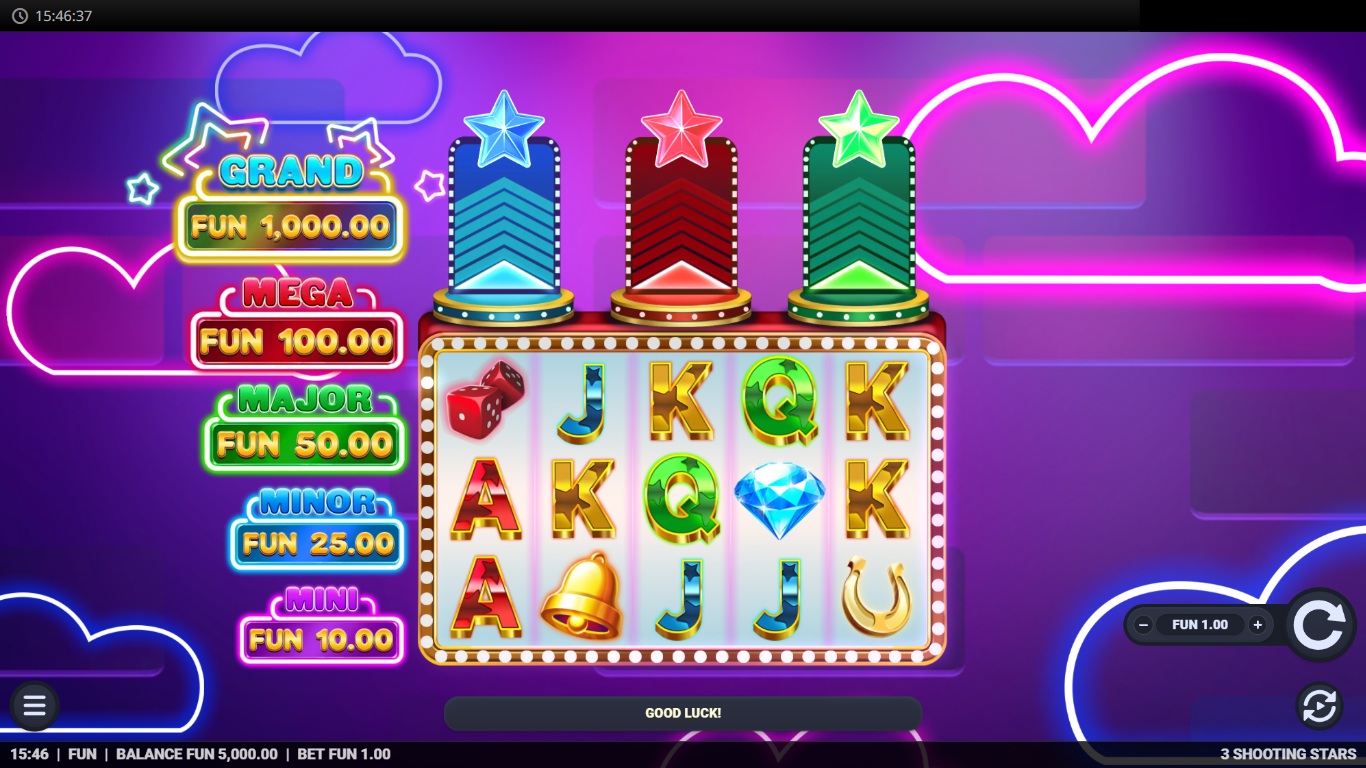 3 shooting stars slot gameplay showing the active reels and symbols