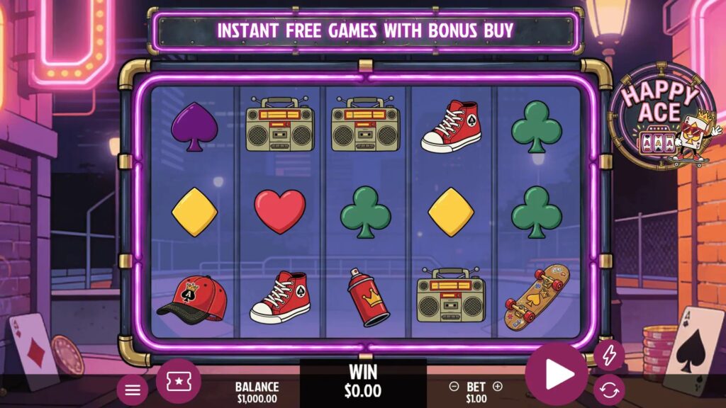 Happy Ace slot gameplay with symbols on a 5x3 board