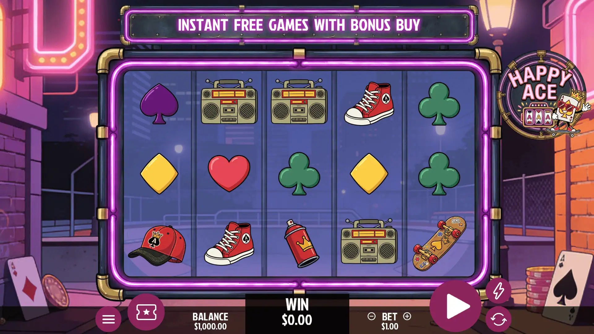 Happy Ace slot gameplay with symbols on a 5x3 board