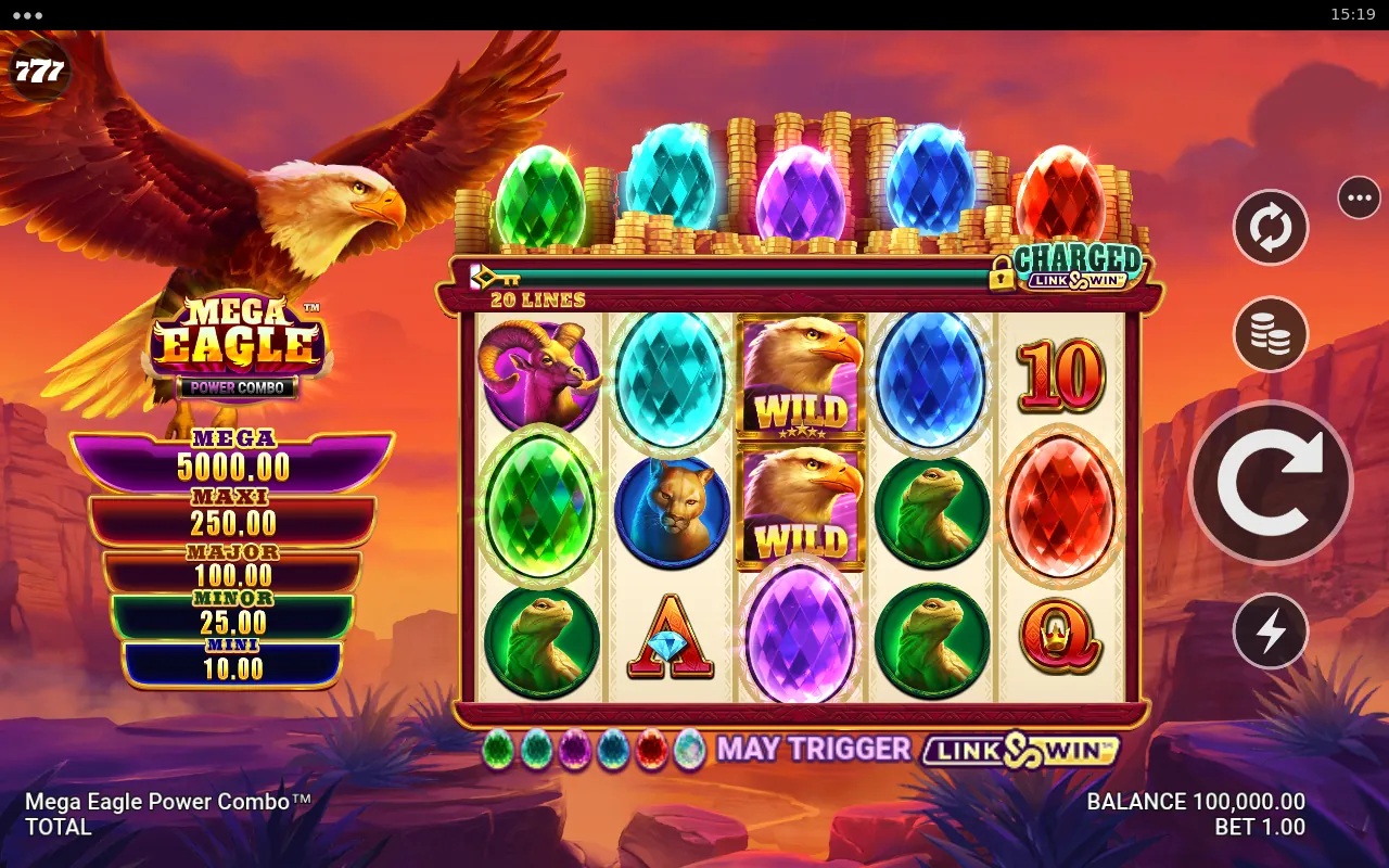 Mega Eagle Power Combo slot gameplay with eagle symbols and feature tokens