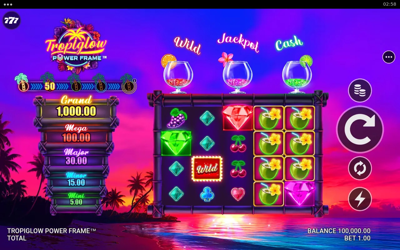 Tropiglow Power Frame slot gameplay with tropical reels and Power Frame symbols