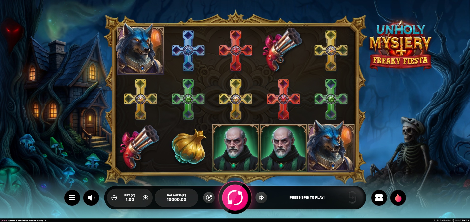 Unholy Mystery Freaky Fiesta slot gameplay with monster-themed Mystery symbols