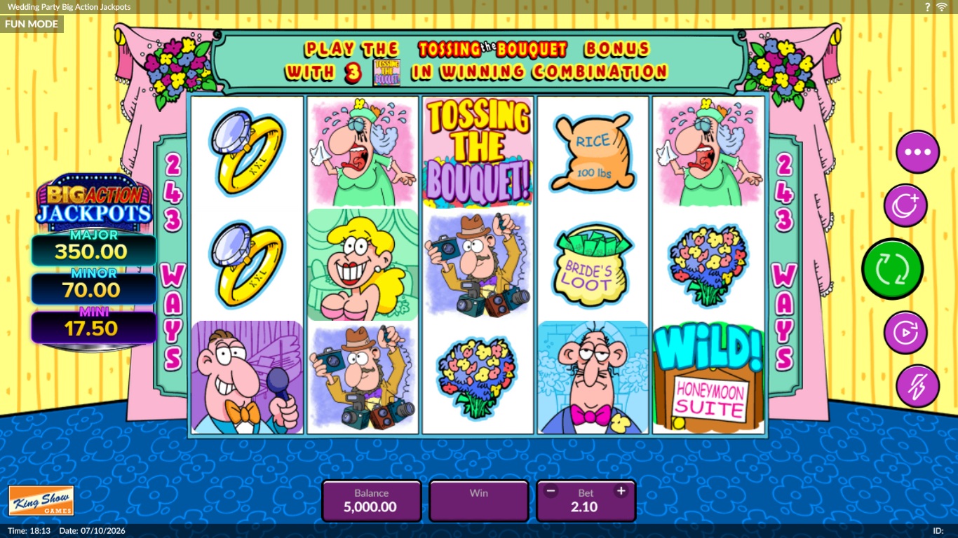 wedding party big action jackpots slot gameplay showing the active reels and symbols