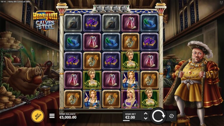 henry viii calves of steel slot gameplay showing the active reels and symbols