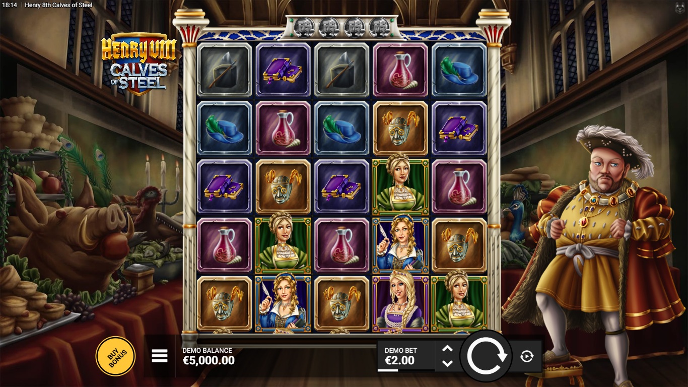 henry viii calves of steel slot gameplay showing the active reels and symbols