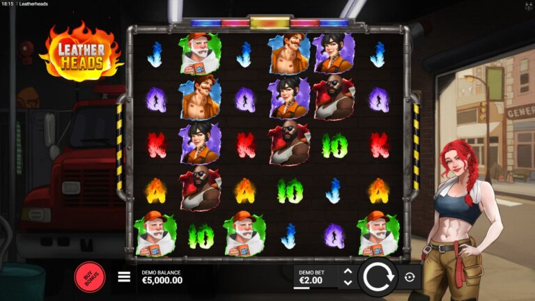 Leatherheads slot gameplay showing firefighter characters and six active reels