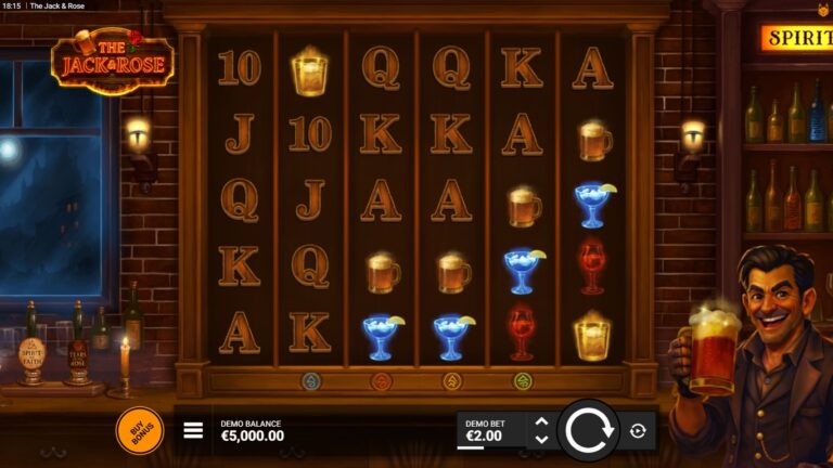 The Jack & Rose slot gameplay showing spirit symbols on six active reels