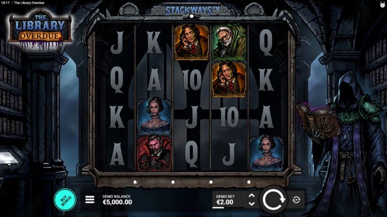 The Library Overdue slot gameplay showing the five-reel symbol grid