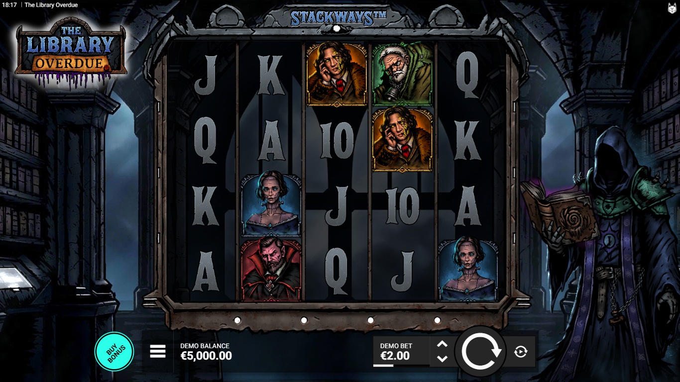The Library Overdue slot gameplay showing the five-reel symbol grid