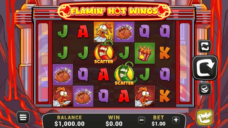 Flamin' Hot Wings slot gameplay with symbols on a 6x4 board