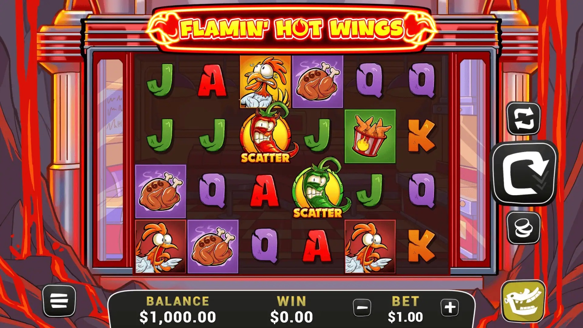 Flamin' Hot Wings slot gameplay with symbols on a 6x4 board