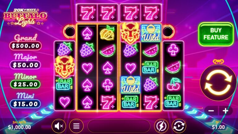 20K+ Ways Buffalo Lights slot gameplay with neon buffalo reels and coin arrays