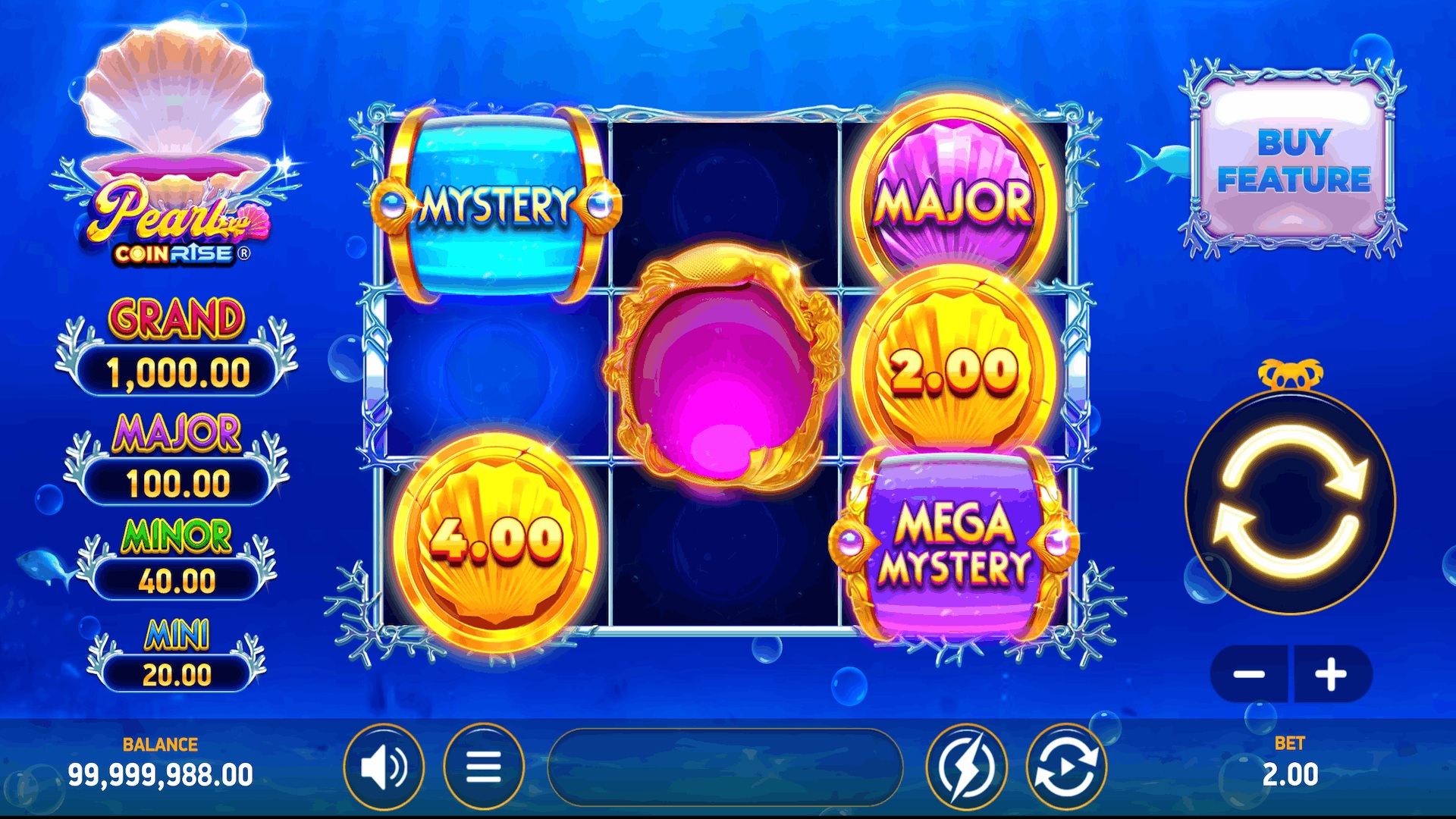 Pearl Coin Rise slot gameplay with underwater pearls on a three-reel field