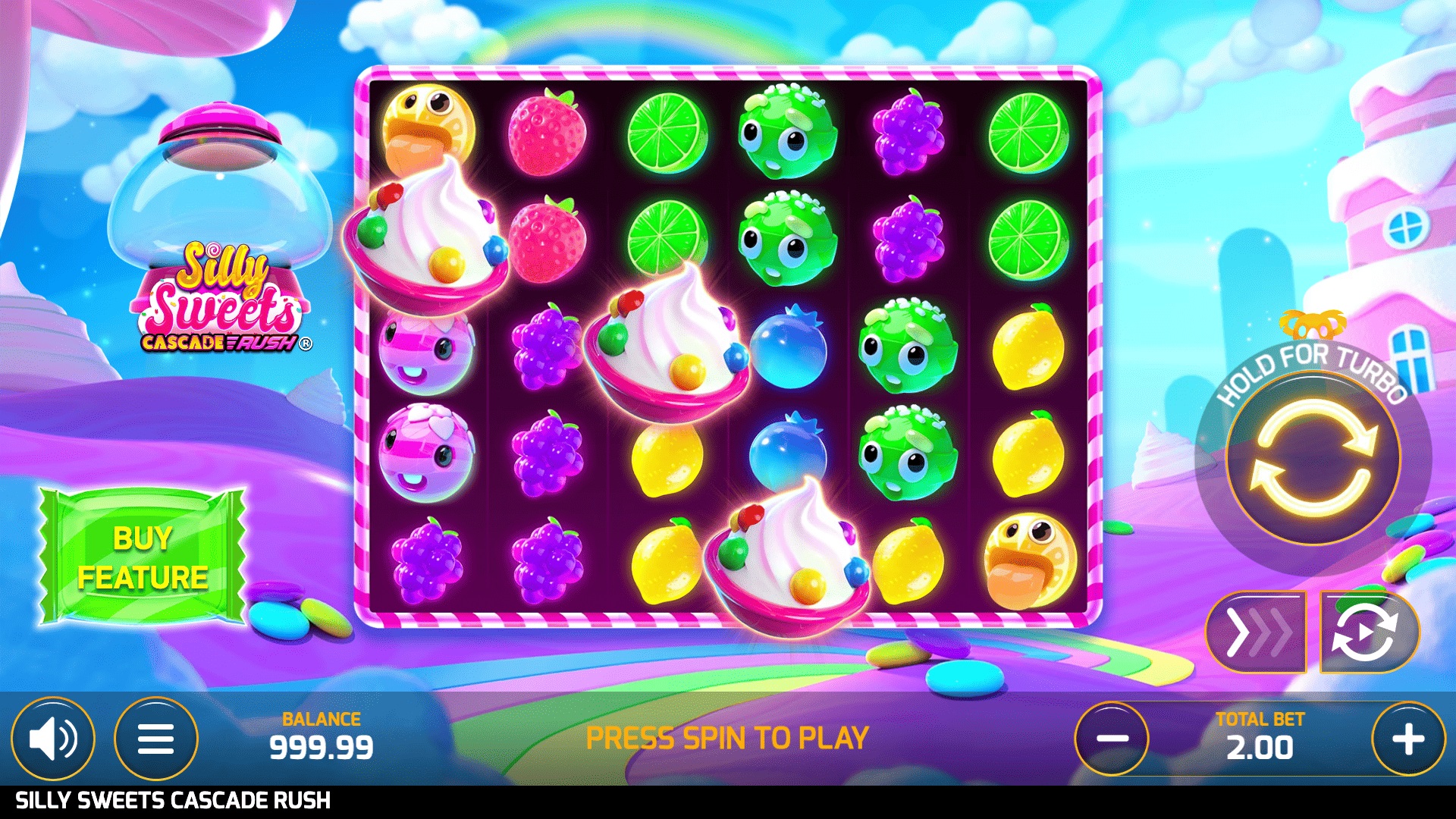 Silly Sweets Cascade Rush slot gameplay with colorful candy on a six-by-five board