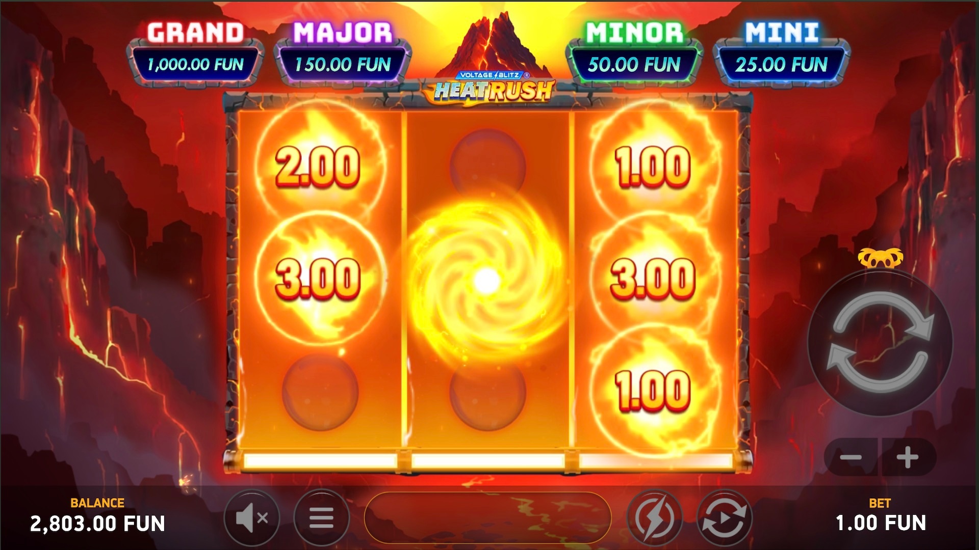 Voltage Blitz Heat Rush slot gameplay with volcanic symbols on a compact grid