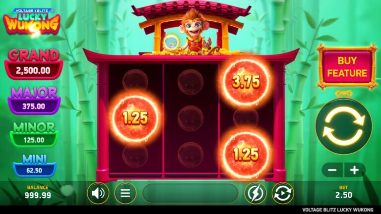 Voltage Blitz Lucky Wukong slot gameplay with mythic symbols and prize orbs