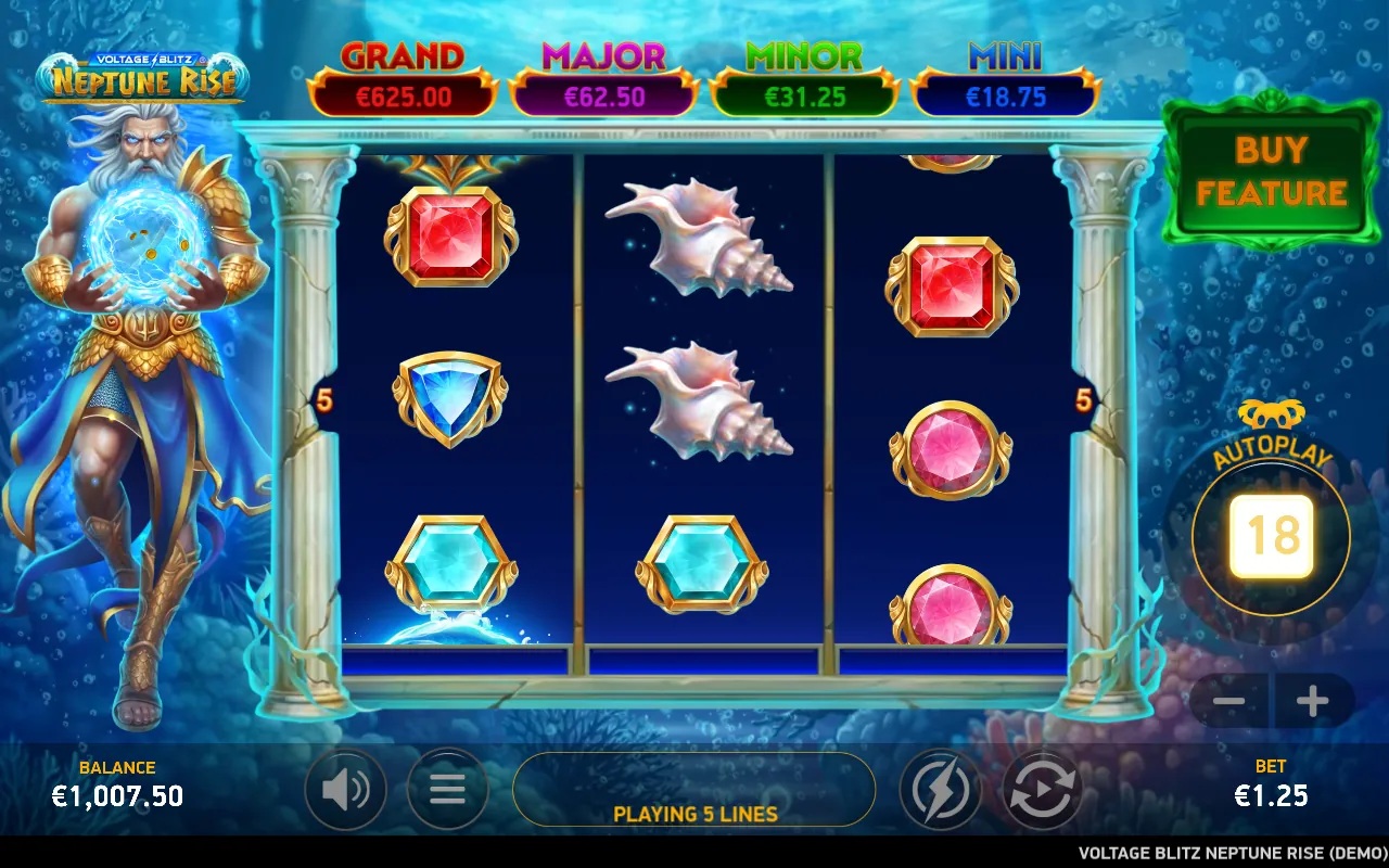 Voltage Blitz Neptune Rise slot gameplay with sea-themed symbols and prize values