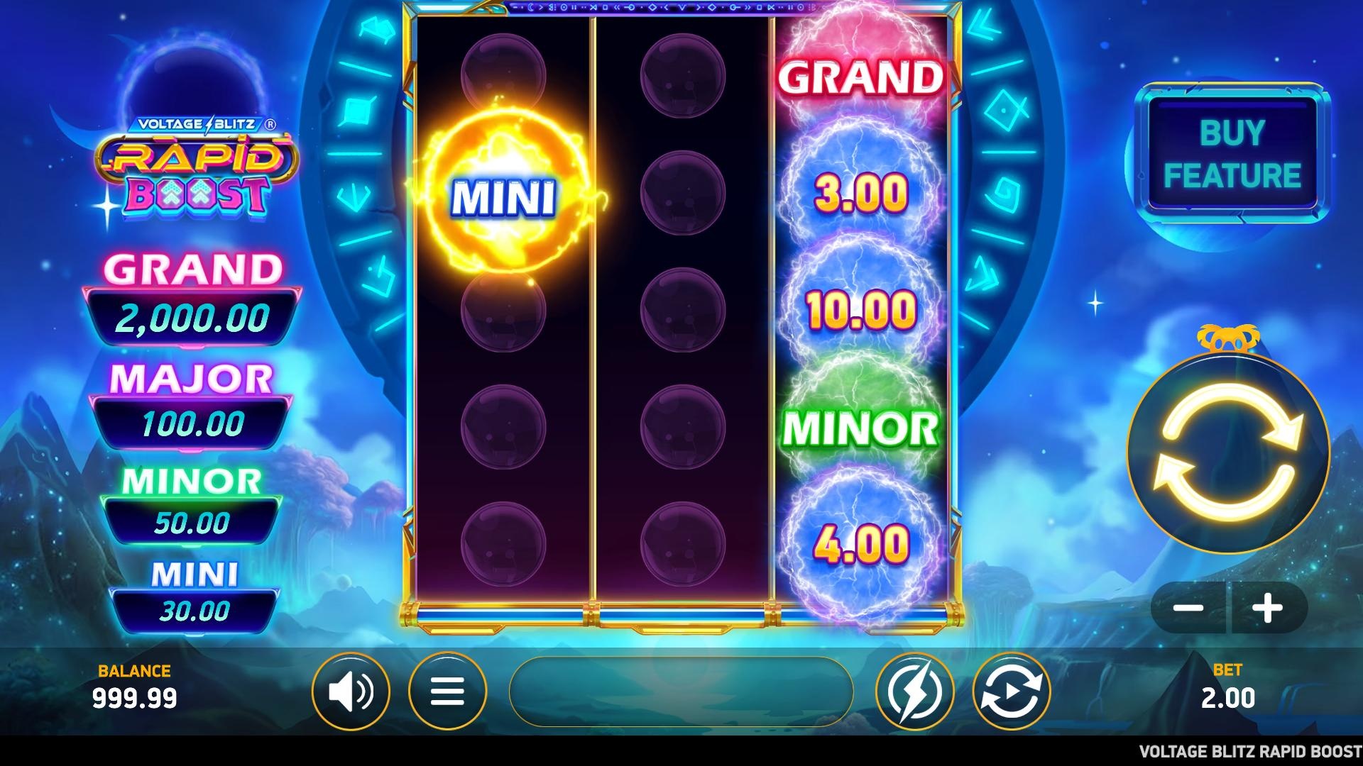 Voltage Blitz Rapid Boost slot gameplay with electric purple reels and prize values