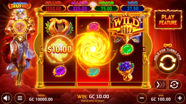 Voltage Blitz Zeus Up slot gameplay with Zeus symbols and a three-by-three grid