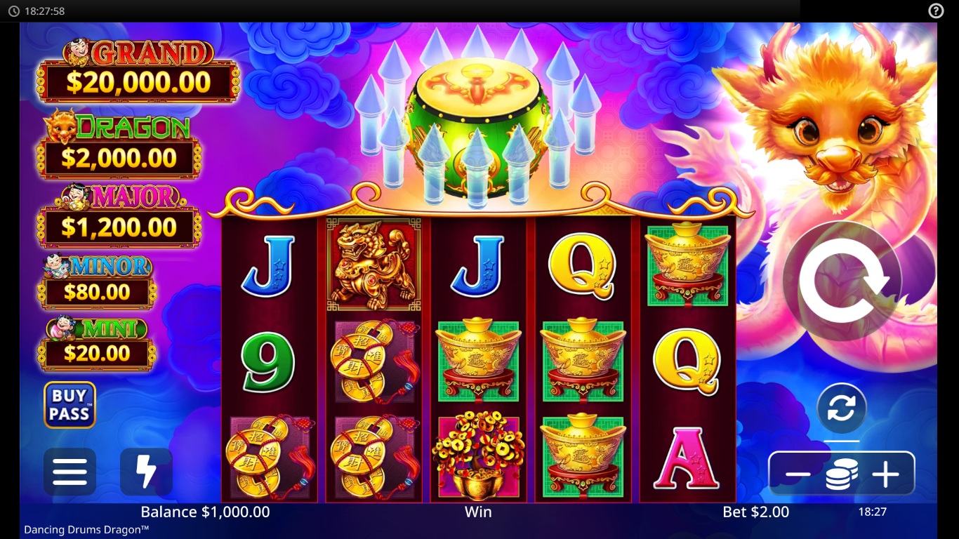 Dancing Drums Dragon slot gameplay showing the active reels and symbols
